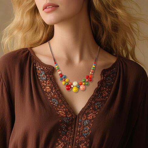 Boho Hippie Colorful Ceramic Beads Strand Necklace for Women Chunky Bohemian Fashion Statement Beaded Necklace Beachy Party Thanksgiving Autumn Accessories Gift for Women in Kuwait