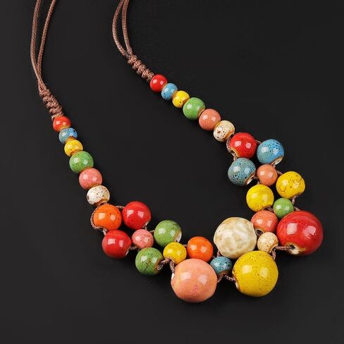 Boho Hippie Colorful Ceramic Beads Strand Necklace for Women Chunky Bohemian Fashion Statement Beaded Necklace Beachy Party Thanksgiving Autumn Accessories Gift for Women in Kuwait