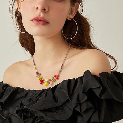 Boho Hippie Colorful Ceramic Beads Strand Necklace for Women Chunky Bohemian Fashion Statement Beaded Necklace Beachy Party Thanksgiving Autumn Accessories Gift for Women in Kuwait