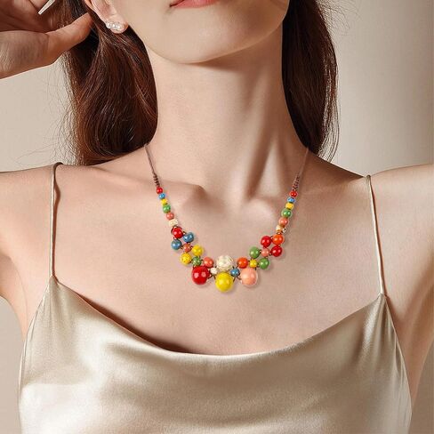 Boho Hippie Colorful Ceramic Beads Strand Necklace for Women Chunky Bohemian Fashion Statement Beaded Necklace Beachy Party Thanksgiving Autumn Accessories Gift for Women in Kuwait