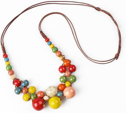 Boho Hippie Colorful Ceramic Beads Strand Necklace for Women Chunky Bohemian Fashion Statement Beaded Necklace Beachy Party Thanksgiving Autumn Accessories Gift for Women in Kuwait