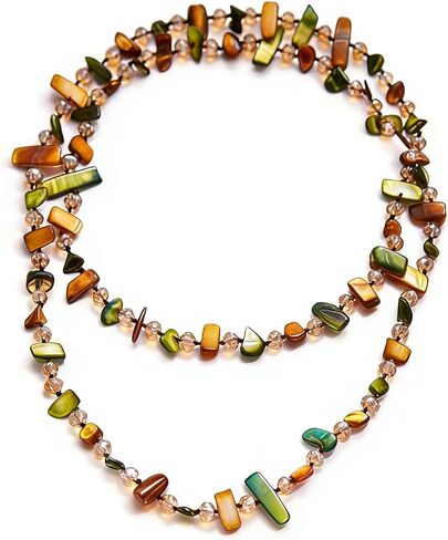 Colorful Irregular Beaded Long Necklace, Iridescent Handmade Sea Shell Crystal Glass Beads Vintage Chunky Layered Sweater Chain,Bohemian Style Costume Jewelry for Women in Saudi Arabia