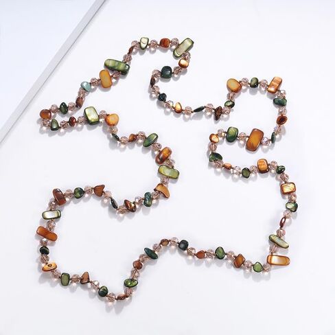 Colorful Irregular Beaded Long Necklace, Iridescent Handmade Sea Shell Crystal Glass Beads Vintage Chunky Layered Sweater Chain,Bohemian Style Costume Jewelry for Women in Saudi Arabia