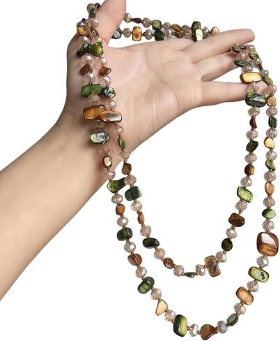 Colorful Irregular Beaded Long Necklace, Iridescent Handmade Sea Shell Crystal Glass Beads Vintage Chunky Layered Sweater Chain,Bohemian Style Costume Jewelry for Women in Saudi Arabia