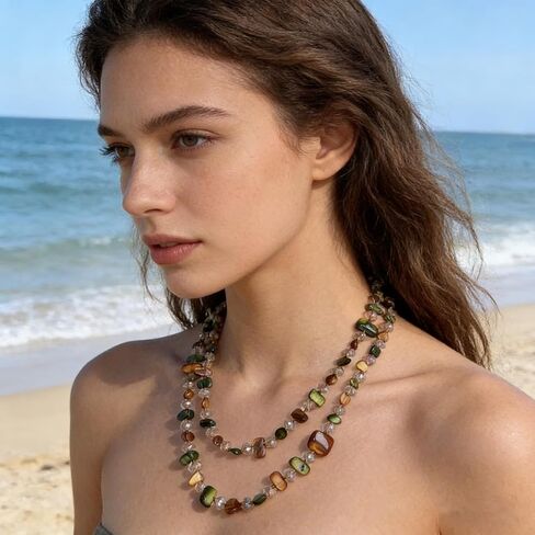 Colorful Irregular Beaded Long Necklace, Iridescent Handmade Sea Shell Crystal Glass Beads Vintage Chunky Layered Sweater Chain,Bohemian Style Costume Jewelry for Women in Saudi Arabia