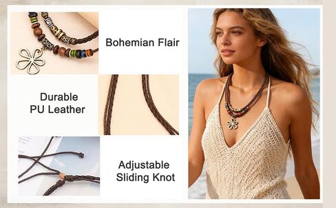 Boho Beaded Necklace for Women Statement Chunky Bohemian Colorful Beads Strand 2 Layers Wood Summer Beach Necklaces in Saudi Arabia