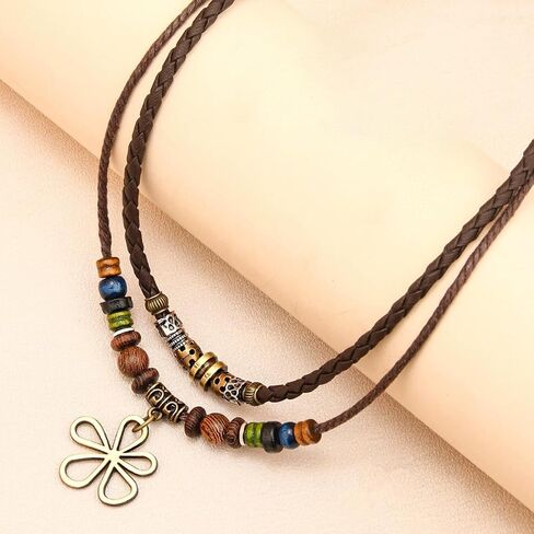 Boho Beaded Necklace for Women Statement Chunky Bohemian Colorful Beads Strand 2 Layers Wood Summer Beach Necklaces in Saudi Arabia