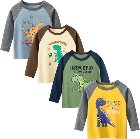 Toddler Boys Long Sleeve T-Shirts Cotton Dinosaur Shirts Crewneck Graphic Tees 4 Pack in Saudi Arabia