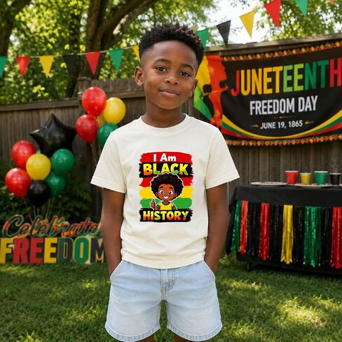 تي شيرت Juneteenth للأطفال من القطن بأكمام قصيرة تي شيرت أسود لشهر التاريخ للأولاد والبنات من عمر 5 إلى 13 عامًا in Kuwait