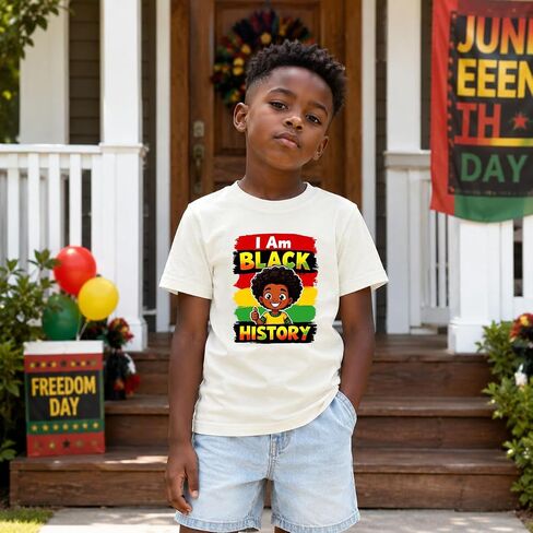 تي شيرت Juneteenth للأطفال من القطن بأكمام قصيرة تي شيرت أسود لشهر التاريخ للأولاد والبنات من عمر 5 إلى 13 عامًا in Kuwait