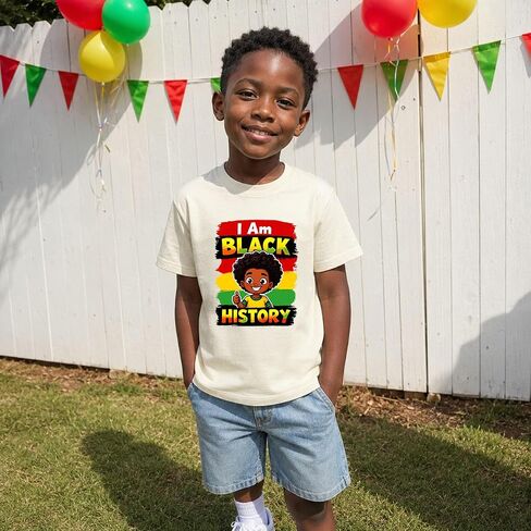 تي شيرت Juneteenth للأطفال من القطن بأكمام قصيرة تي شيرت أسود لشهر التاريخ للأولاد والبنات من عمر 5 إلى 13 عامًا in Kuwait