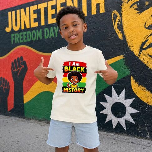 تي شيرت Juneteenth للأطفال من القطن بأكمام قصيرة تي شيرت أسود لشهر التاريخ للأولاد والبنات من عمر 5 إلى 13 عامًا in Kuwait