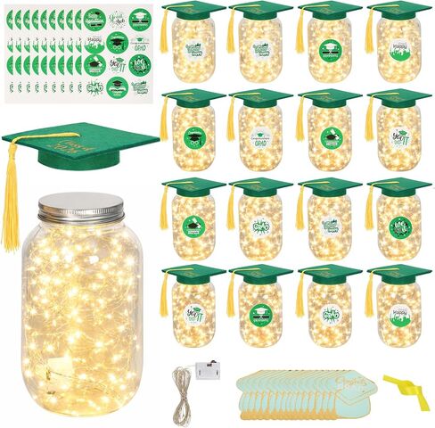 Upgrade 16 Sets Graduation Table Decoration with LED Lights，Graduation Decorations for Class of 2026，Includes Grad Jar, Felt Graduation Cap, Graduation Card, DIY Rubber Band and Ribbon（Green） in Saudi Arabia
