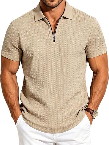 Mens Quarter Zip Polo Shirts Casual Summer Knit Textured Short Sleeve Shirt Beach Vacation Stretchy Golf Shirts in Saudi Arabia