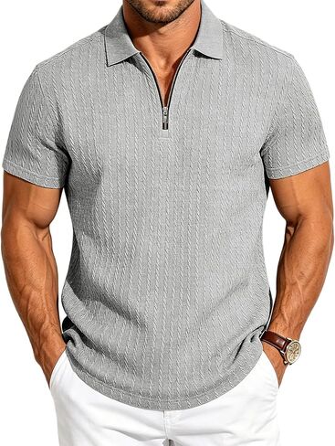 Mens Quarter Zip Polo Shirts Casual Summer Knit Textured Short Sleeve Shirt Beach Vacation Stretchy Golf Shirts in Saudi Arabia
