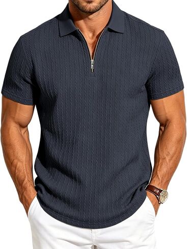Mens Quarter Zip Polo Shirts Casual Summer Knit Textured Short Sleeve Shirt Beach Vacation Stretchy Golf Shirts in Saudi Arabia