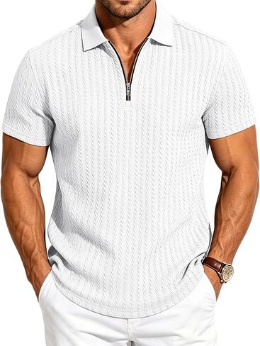 Mens Quarter Zip Polo Shirts Casual Summer Knit Textured Short Sleeve Shirt Beach Vacation Stretchy Golf Shirts in Saudi Arabia