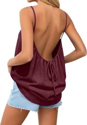 Backless Tops for Women Summer 2026 Cotton Linen Boho Beach Tank Tops Adjustable Spaghetti Strap Casual Basic Shirt in Kuwait