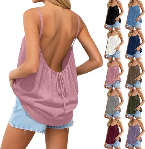 Backless Tops for Women Summer 2026 Cotton Linen Boho Beach Tank Tops Adjustable Spaghetti Strap Casual Basic Shirt in Kuwait