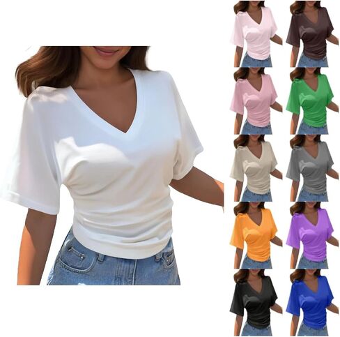 Cinched Waist Tops for Women Plus Size Short Sleeve V Neck Going Out Outfits Casual Summer Ruched Cropped Tops in Saudi Arabia