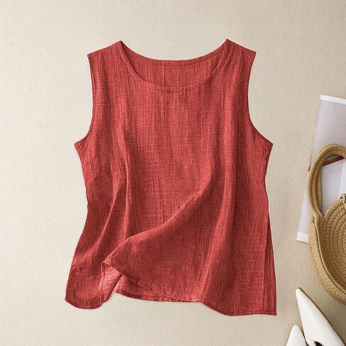 Linen Tank Tops for Women Loose Fit Cotton Causal Sleeveless Summer Comfortable Shirts Basic Crewneck Camisole Top in Kuwait