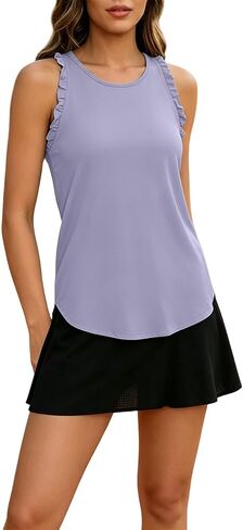 Yoga Tank Tops for Women Loose Summer Workout Ruffle Sleeveless Racerback Crewneck Casual Running Athletic Shirts in Kuwait