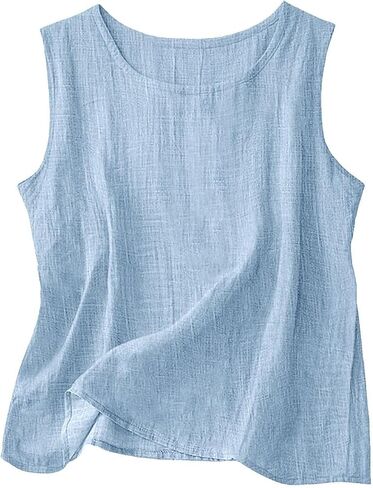 Linen Tank Tops for Women Loose Fit Cotton Causal Sleeveless Summer Comfortable Shirts Basic Crewneck Camisole Top in Kuwait