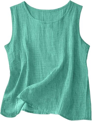 Linen Tank Tops for Women Loose Fit Cotton Causal Sleeveless Summer Comfortable Shirts Basic Crewneck Camisole Top in Kuwait