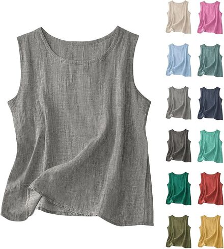 Linen Tank Tops for Women Loose Fit Cotton Causal Sleeveless Summer Comfortable Shirts Basic Crewneck Camisole Top in Kuwait