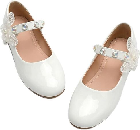 Girls Mary Jane Dress Shoes Ballet Flats Beaded Butterfly Party Wedding Kids in Kuwait
