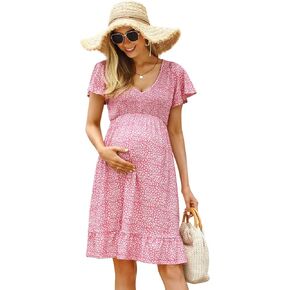 Coolmee Women's Maternity Short Sleeve Ruffle Dress V Neck Summer Casual Smocked Flowy Midi Dress for Baby Shower Photoshoot Pink Floral L in Saudi Arabia