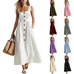 Womens Linen Dresses Summer Spaghetti Strap Sleeveless Boho Dress Button Beach Maxi Long Dresses with Pocket in Saudi Arabia