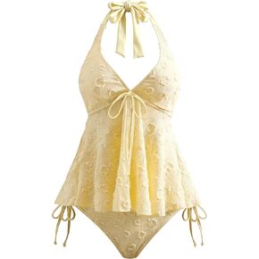 XZI Womens Tankini Swimsuits 2 Piece, Textured Jacquard Peplum Top, Adjustable Halter Bathing Suits, Mid-Low Bikini Bottoms in Saudi Arabia