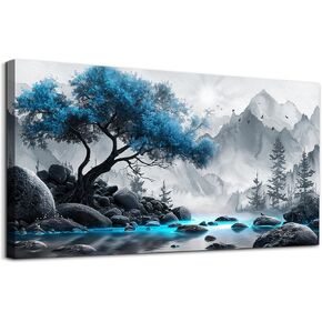 Lapremoly Black And White Wall Painting Canvas Art For Living Room, Office, Bedroom - Blue Tree Landscape Pictures - Hotel Artwork Posters - Family Home Wall Decoration in Saudi Arabia