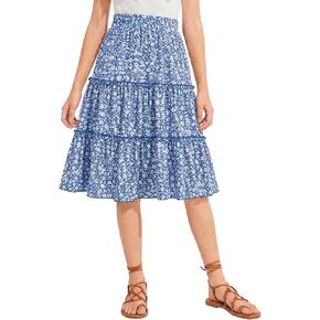NEW 6-14 Years Girls Skirt Floral Print Tiered Ruffle Smocked High Waist Boho Midi Skirts Summer Beach Vacation in Kuwait
