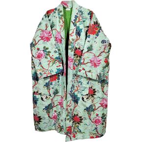 Kantha Kimono, Floral Print Cotton Jacket, Mint Green Jacket, Handmade Lightweight Midi Length in Saudi Arabia