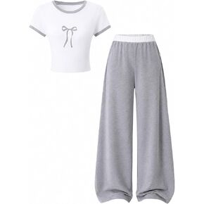 Azmxynol Tween Girls Clothes 2 Piece Outfit T-Shirt Top + Wide Leg Pants Girl Trendy Clothing Set, Sizes 7-16 Years in Saudi Arabia