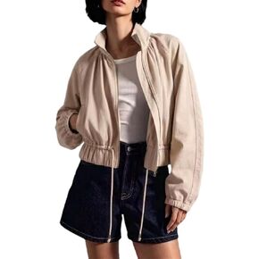 Womens Stripe Bomber Jacket Long Lantern Sleeve Lapel Drawstring Waist Zip Casual Ruffle Hem Shacket with Pocket in Saudi Arabia