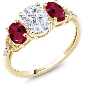 Gem Stone King 10K Yellow Gold Red Created Ruby White Moissanite and Diamond Accent 3-Stone Engagement Ring For Women | 1.92 Cttw | Wedding Engagement Anniversary Promise Ring For Women in Kuwait