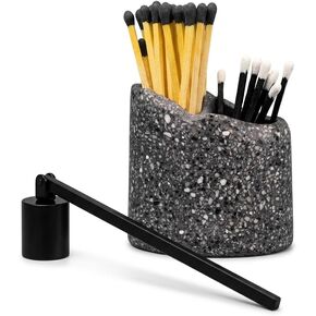 NYXIS Stone Match Holder with Striker & Candle Snuffer, Dual-Chamber Cast Stone Matchstick Holder for 3" & 4" Matches, Heavyweight Fireplace Decor, Gift Box, Dark Gray, Matches Not Included in Saudi Arabia