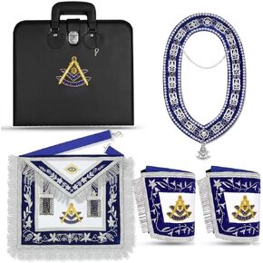 Masonic Regalia Blue Lodge Past Master Complete Bullion Embroidery Set Hand-Embroidered Apron, Chain Collar with Braiding & Jewel, Officer Cuffs & Matching Embroidered Soft Case in Saudi Arabia