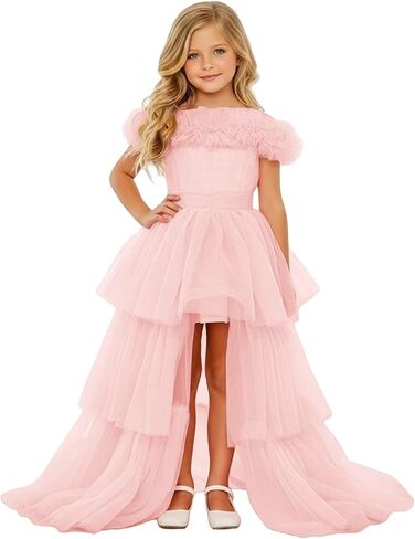 High Low Pageant Dresses for Girls Tiered Tulle Flower Girl Gowns Cold Shoulder Junior Bridesmaid Dress in Saudi Arabia
