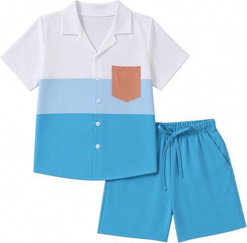 Boys 2 Piece Short Set Color Block Button Down Shirt and Shorts Vacation Clothes Outfit for Kids 7-14 Years in Saudi Arabia