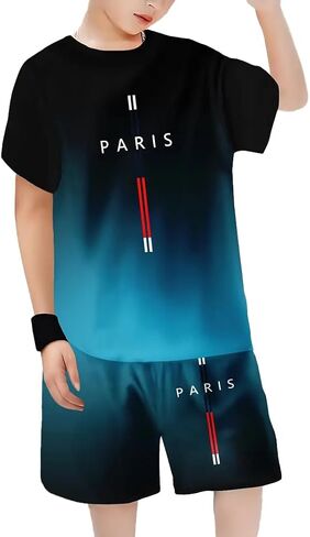 Boys 2 Piece Summer Outfits Short Sleeve T-Shirt & Shorts Set with Pockets Polyester Casual Sportswear for 5-14 Years Kids in Kuwait