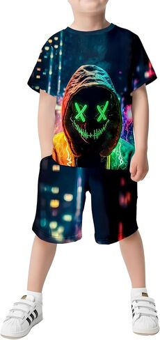 Boys 2 Piece Summer Outfits Short Sleeve T-Shirt & Shorts Set with Pockets Polyester Casual Sportswear for 5-14 Years Kids in Kuwait