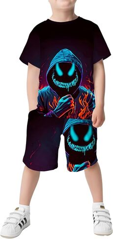 Boys 2 Piece Summer Outfits Short Sleeve T-Shirt & Shorts Set with Pockets Polyester Casual Sportswear for 5-14 Years Kids in Kuwait