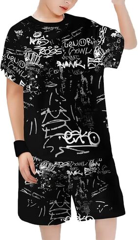 Boys 2 Piece Summer Outfits Short Sleeve T-Shirt & Shorts Set with Pockets Polyester Casual Sportswear for 5-14 Years Kids in Kuwait