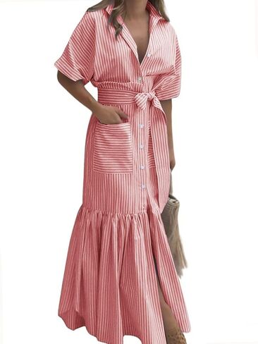 ebossy Women's Boho Striped Shirt Dress Button Down Tiered Ruffle Mermaid Fishtail Maxi Dress with Belt in Kuwait