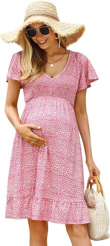 Coolmee Women's Maternity Short Sleeve Ruffle Dress V Neck Summer Casual Smocked Flowy Midi Dress for Baby Shower Photoshoot Pink Floral L in Saudi Arabia