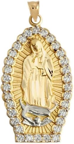10K or 14K Yellow Gold 1-1/5" CZ-Accented Blessed Our Lady of Guadalupe Miraculous Pendant Necklace - Choose Pendant Only or Necklace with Chain in Kuwait